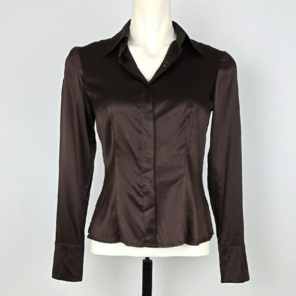 F Carriere Women's Silk Blend Espresso Brown Long Sleeves Button Down Blouse XS - Picture 5 of 16